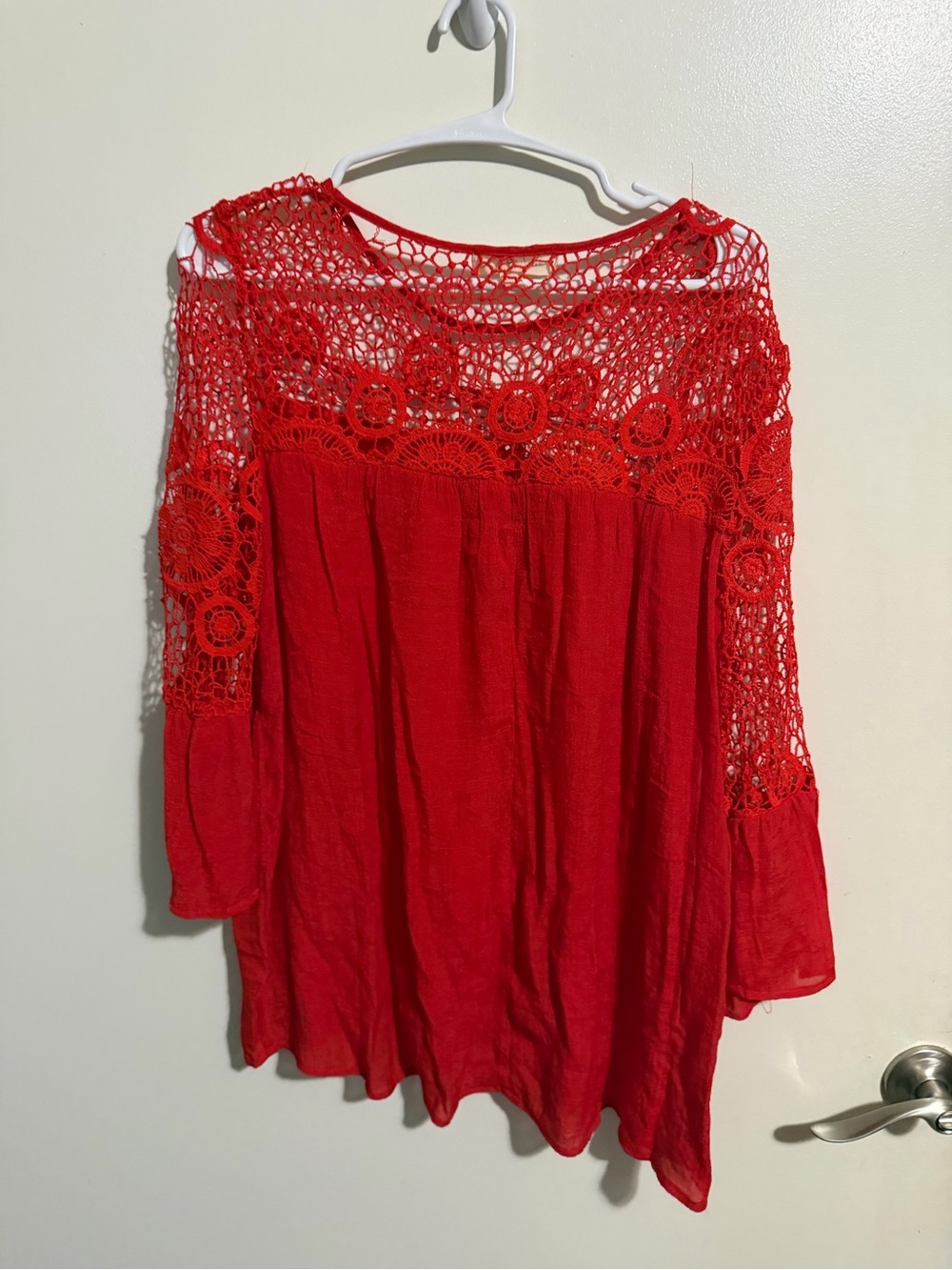 Red Crochet Yoke Boho Blouse - Picture 2 of 3
